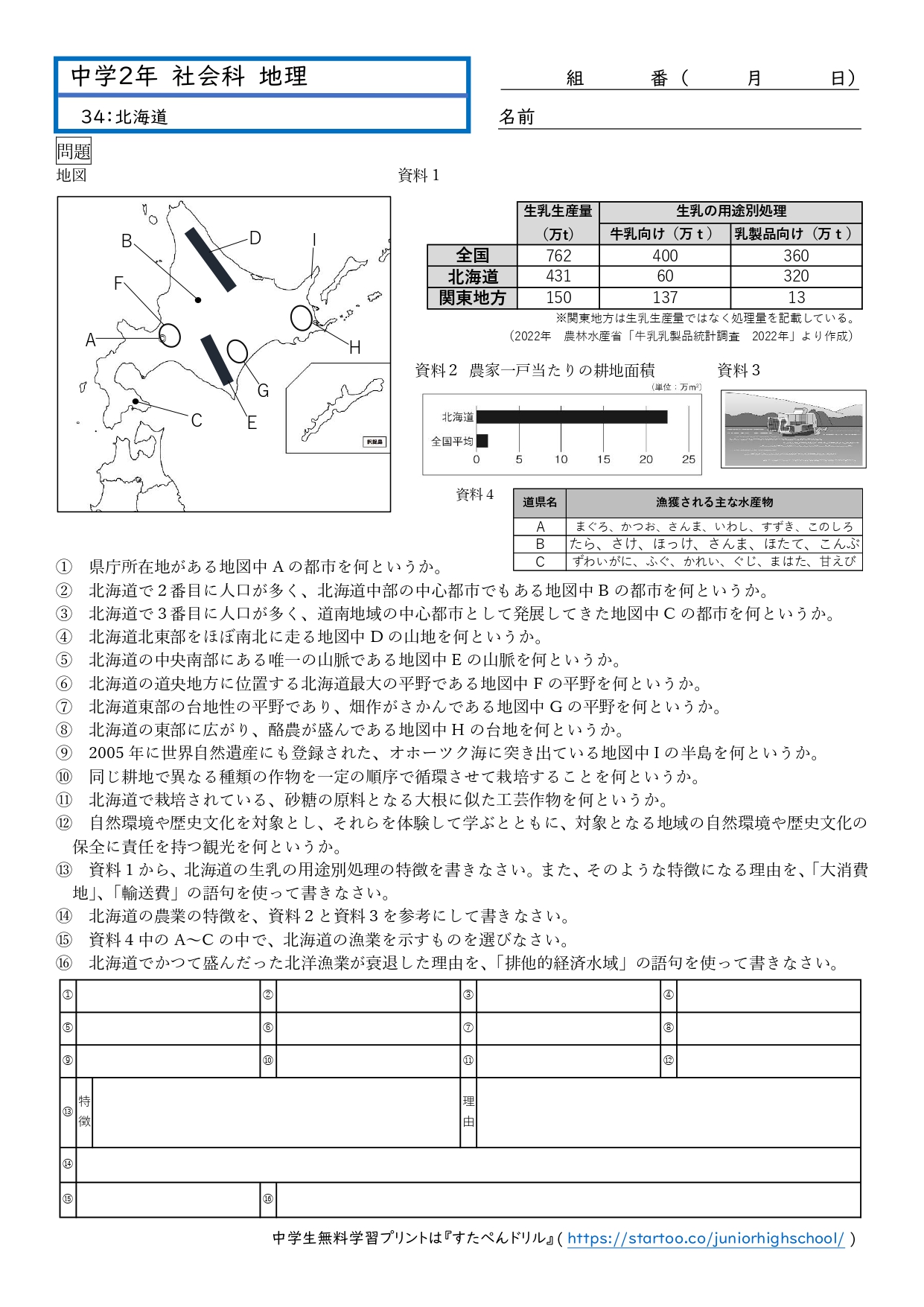 中2社会・地理「北海道」プリント無料ダウンロード・印刷